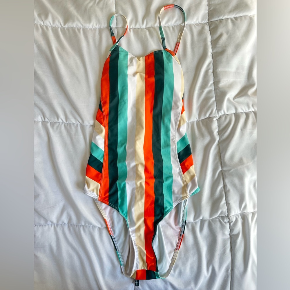 Striped One-Piece Swimsuit in Teal, Orange & Cream